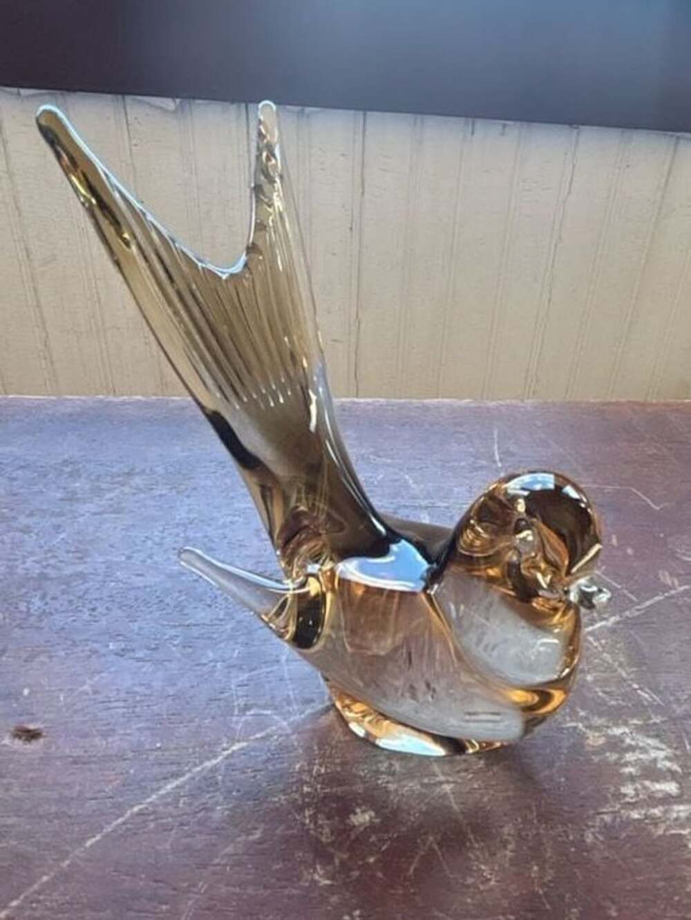 Murano Art Glass Long Tail Bird Sculpture in Amber and Clear Sommerso Glass